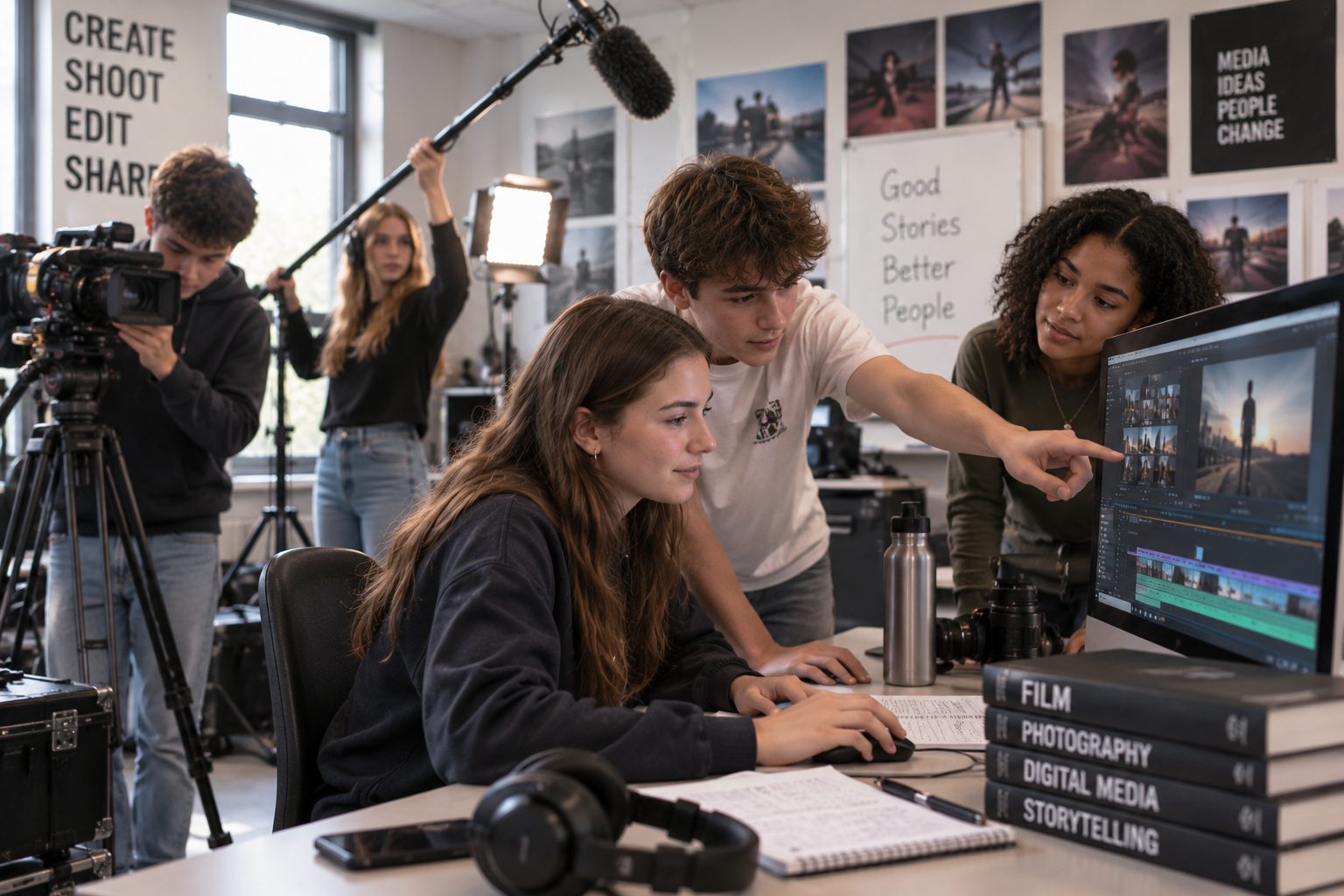 Students working together on a film